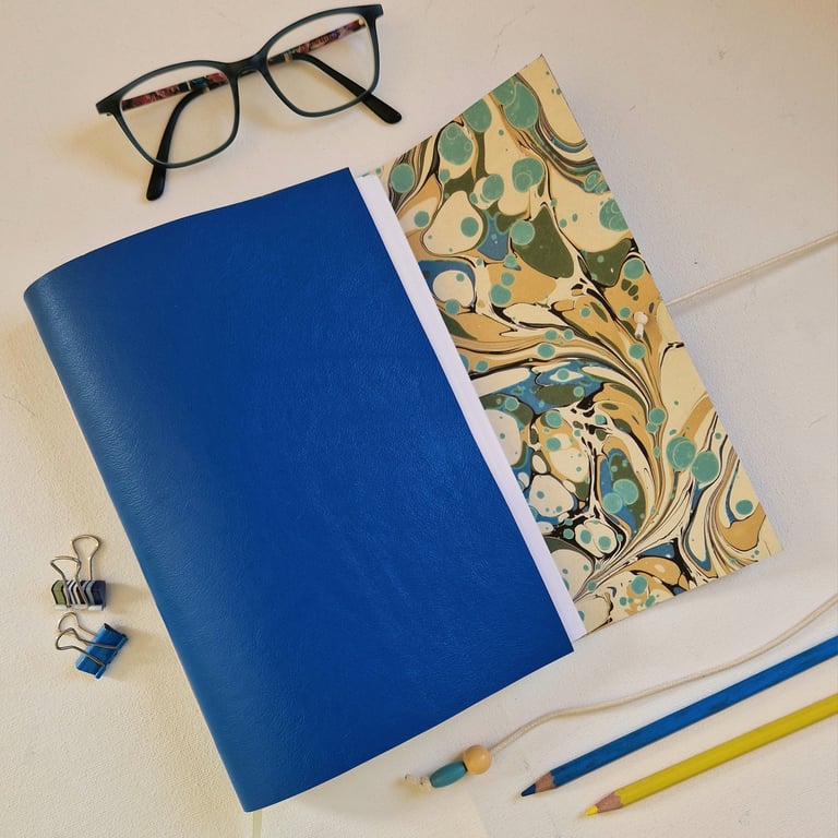 Marble Journal or Sketchbook, Hand Bound in Blue Leather, A5 size