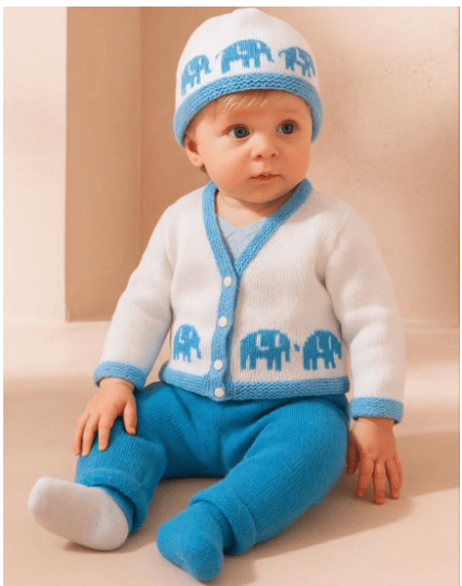 Elephant Knitting Pattern for Baby Sweater Trousers and Hat 0-18 months, Digital