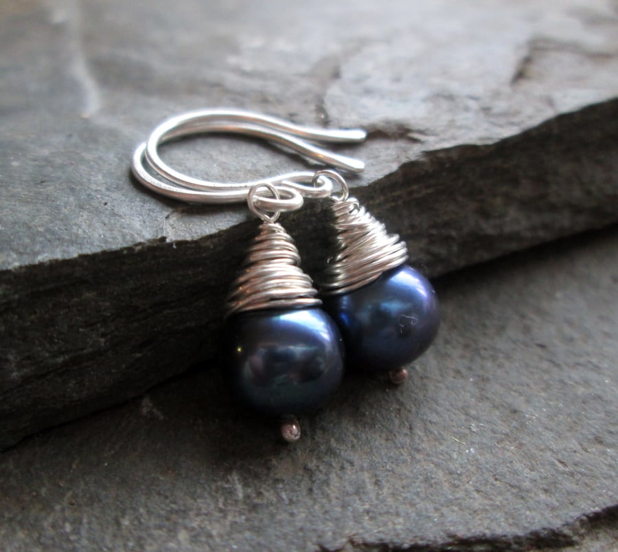 Pearl Earrings - Peacock Blue Pearl Jewellery, Silver Wire Wrapped