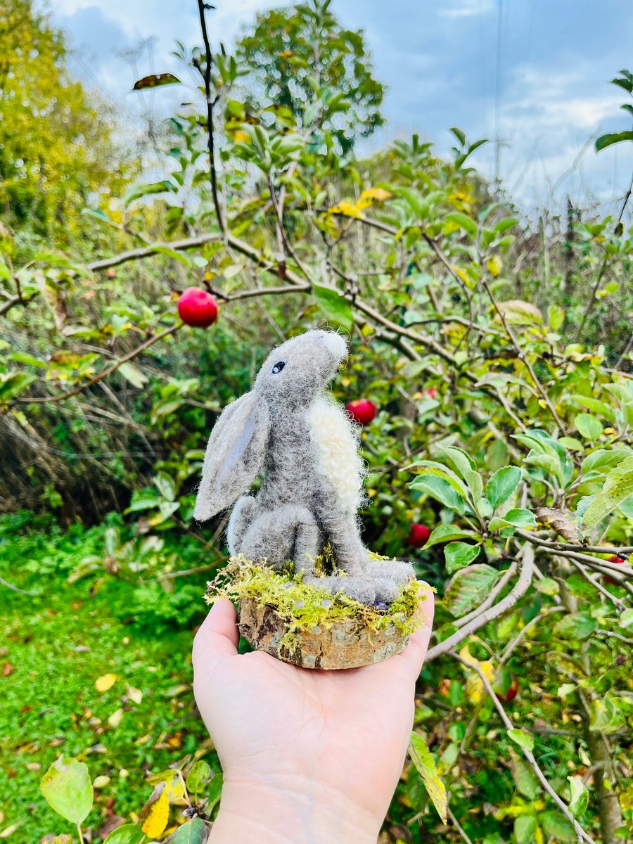 Luna -Needle Felted Grey Moon Gazing Hare on wooden base with moss and amethyst 