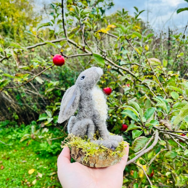 Luna -Needle Felted Grey Moon Gazing Hare on wooden base with moss and amethyst 