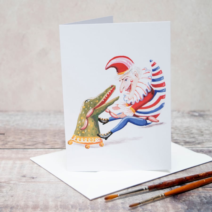 Illustrated greeting note card of Punch and a crocodile. A6 blank note card