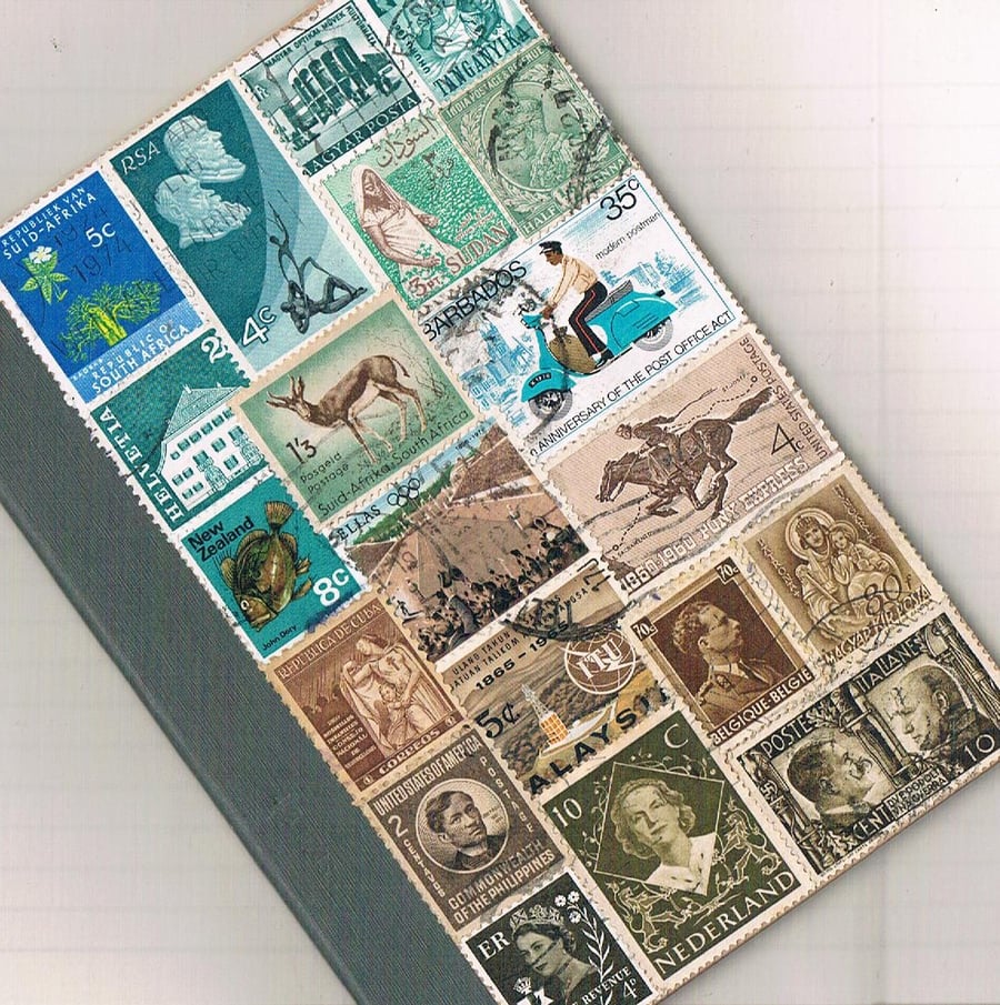 Turquoise-Brown A6 Notebook - upcycled vintage world postage stamp collage
