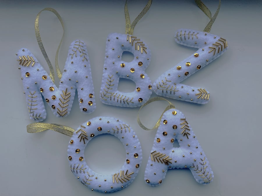 Personalised felt Christmas decorations Xmas ornaments initials, name letters