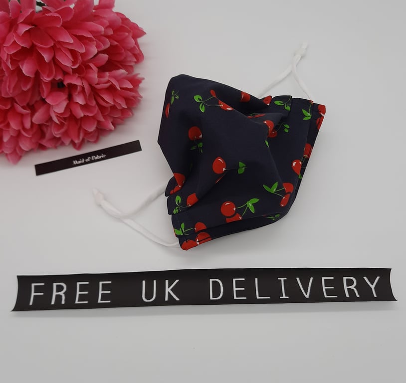 Face mask, small, 3 layer,  adjustable,  washable in navy cherry