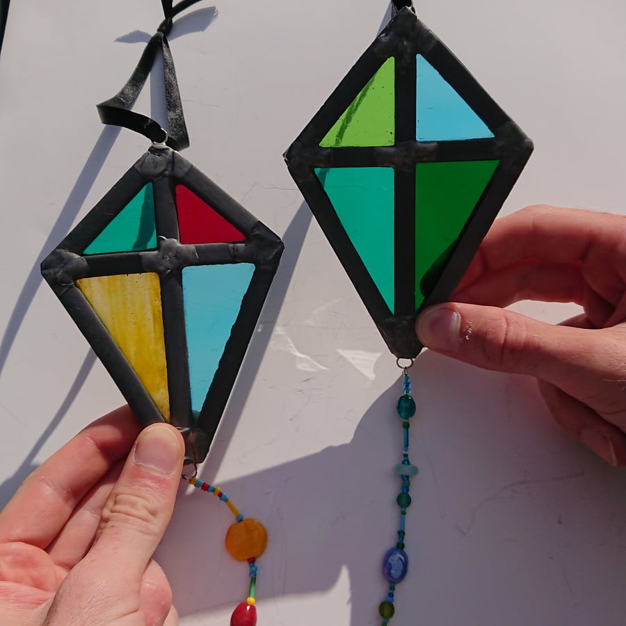 Stained glass kite, multicoloured beaded leaded suncatcher. Hanging decoration. 