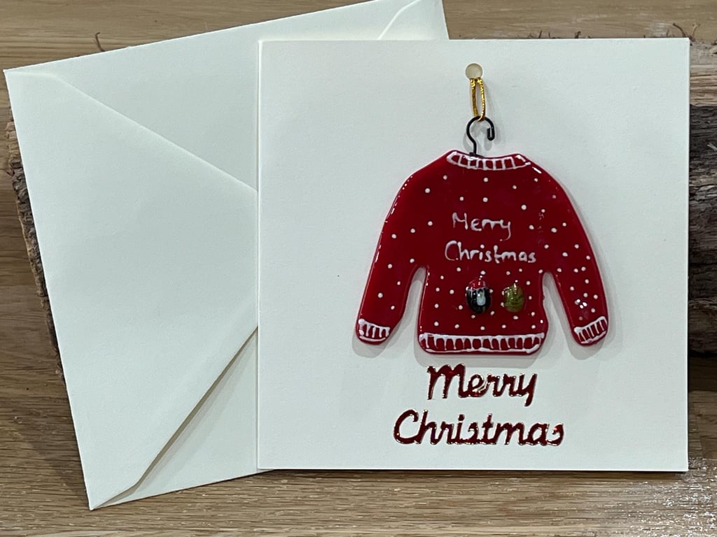 Handmade Detachable Keepsake, Fused Glass Christmas Jumper Christmas Card