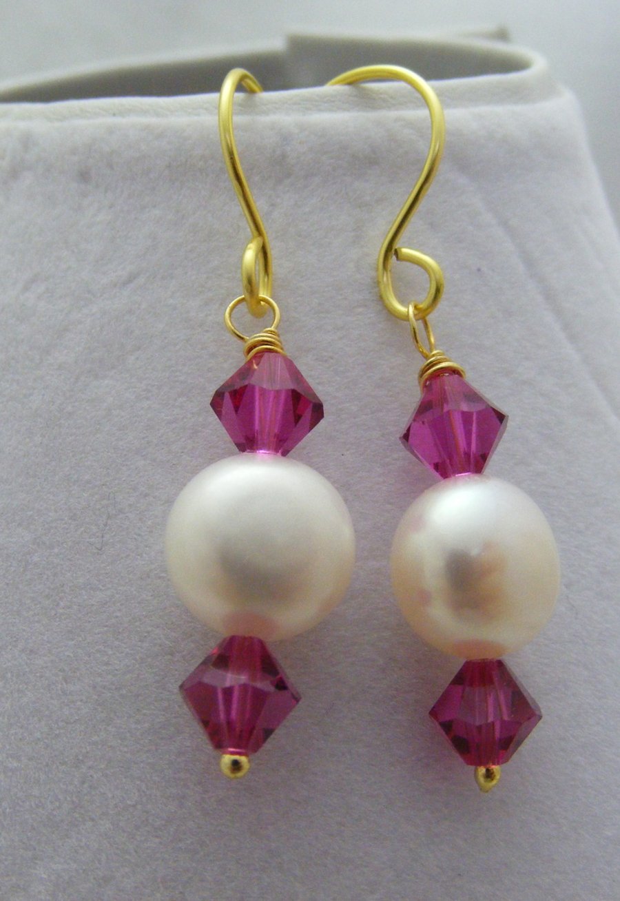 Freshwater Pearl and Fuchsia Crystal Earrings