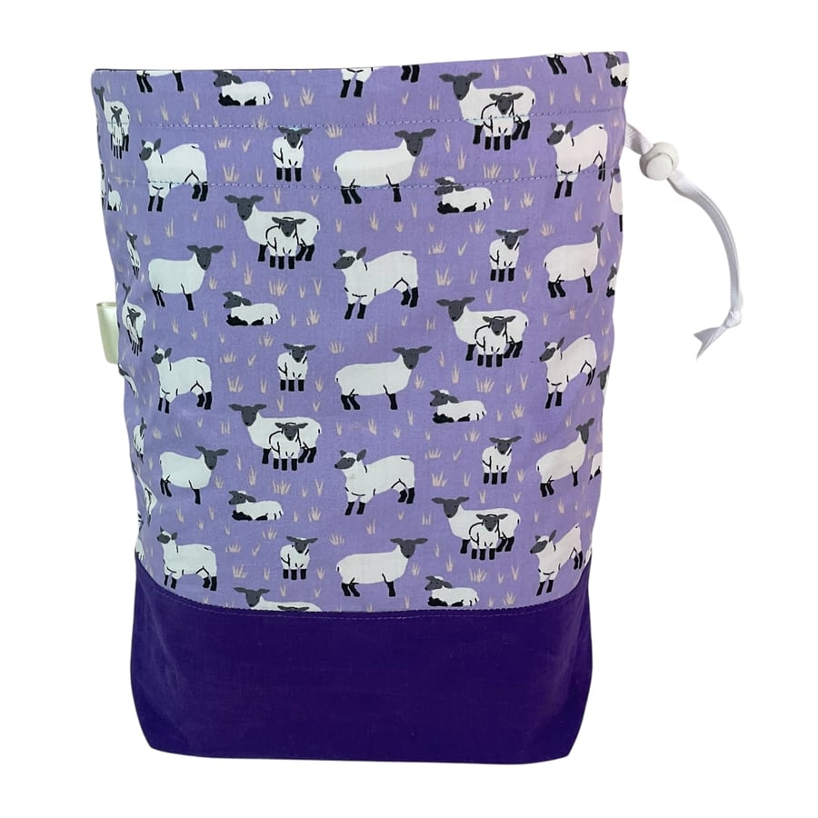 two at a time knitting bag with sheep, sock sack, drawstring divided pouch, shoe