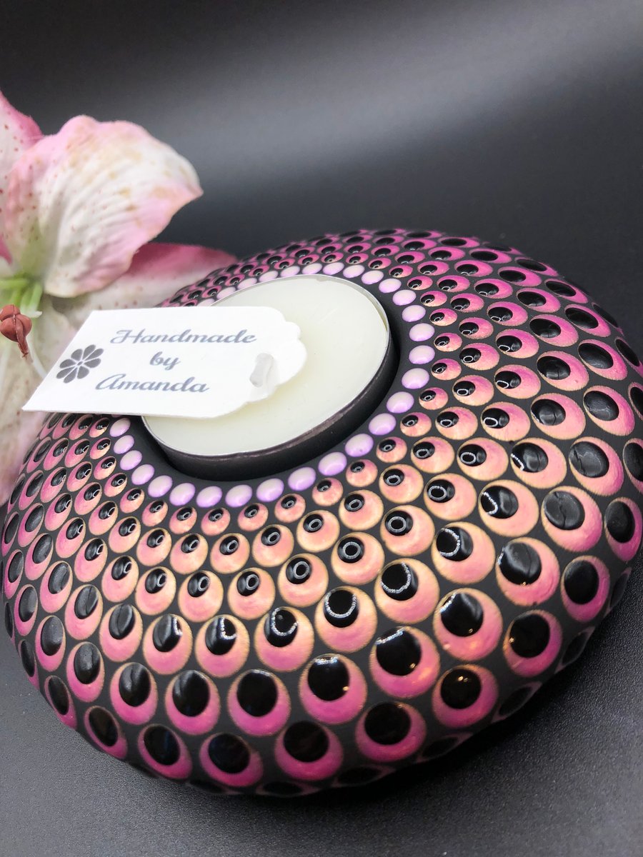 Mandala Tealight Holder Hand Painted Iridescent Peach