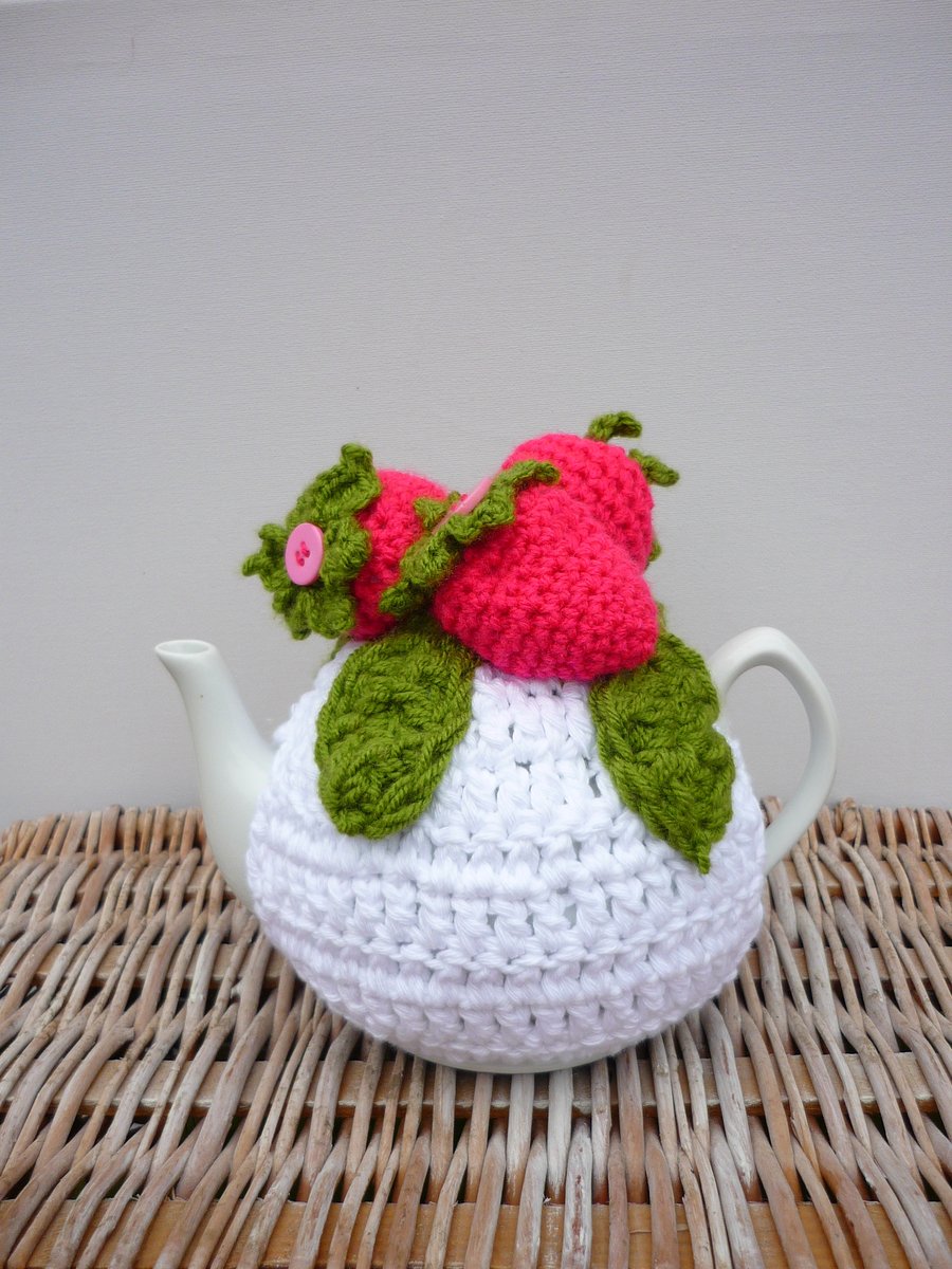 Novelty Tea Cosy Topped with Crochet Strawberries Granny Chic Quirky Tea party