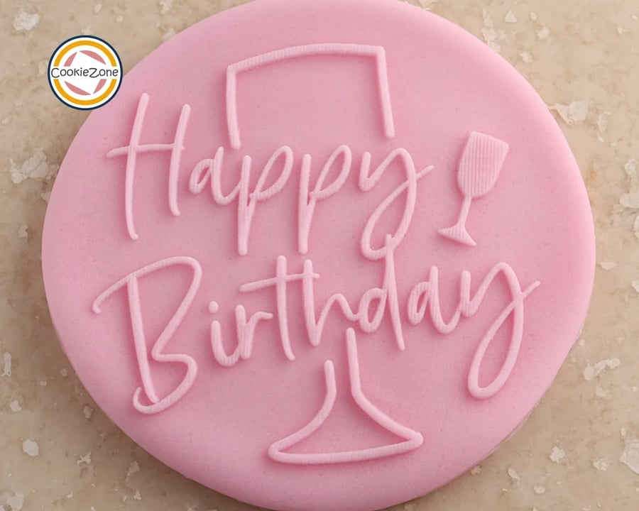 Happy Birthday with Champagne Flutes Debossing Fondant Stamp
