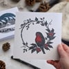 Robin in Holly and Ivy Wreath Card