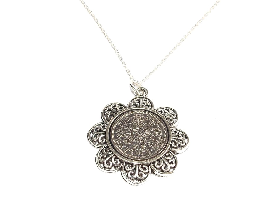 Floral Pendant 1954 Lucky sixpence 70th Birthday plus a Sterling Silver 18in Cha