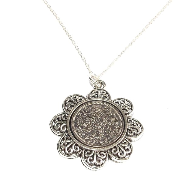 Floral Pendant 1954 Lucky sixpence 70th Birthday plus a Sterling Silver 18in Cha
