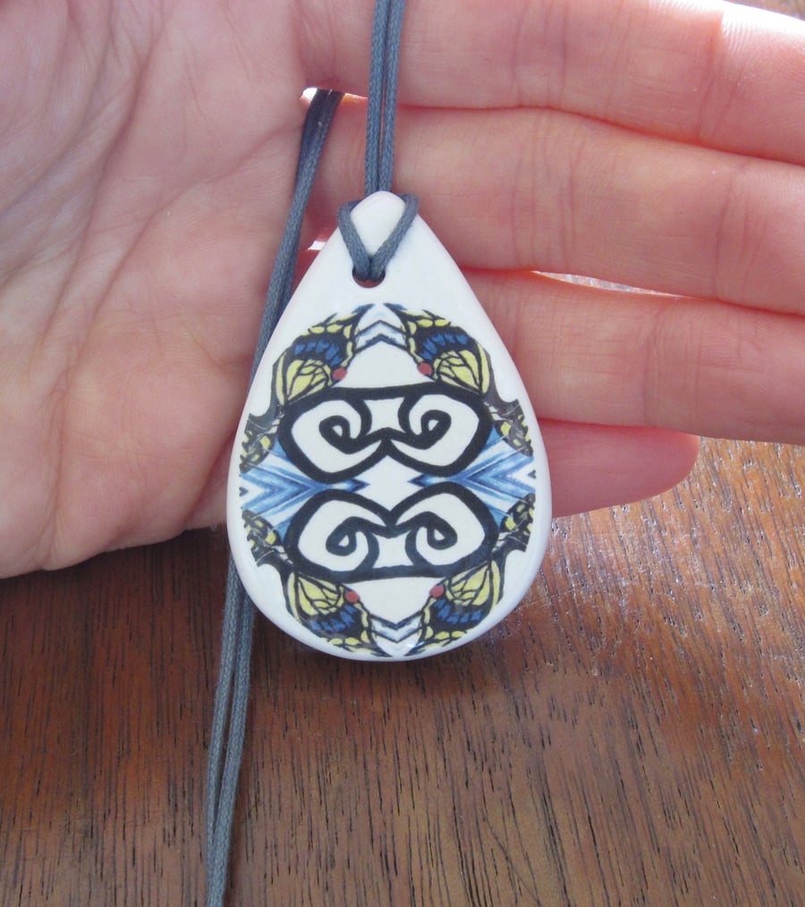 Swallowtail Butterfly Wing Ceramic Pendant on Grey Cord with Lobster Clasp