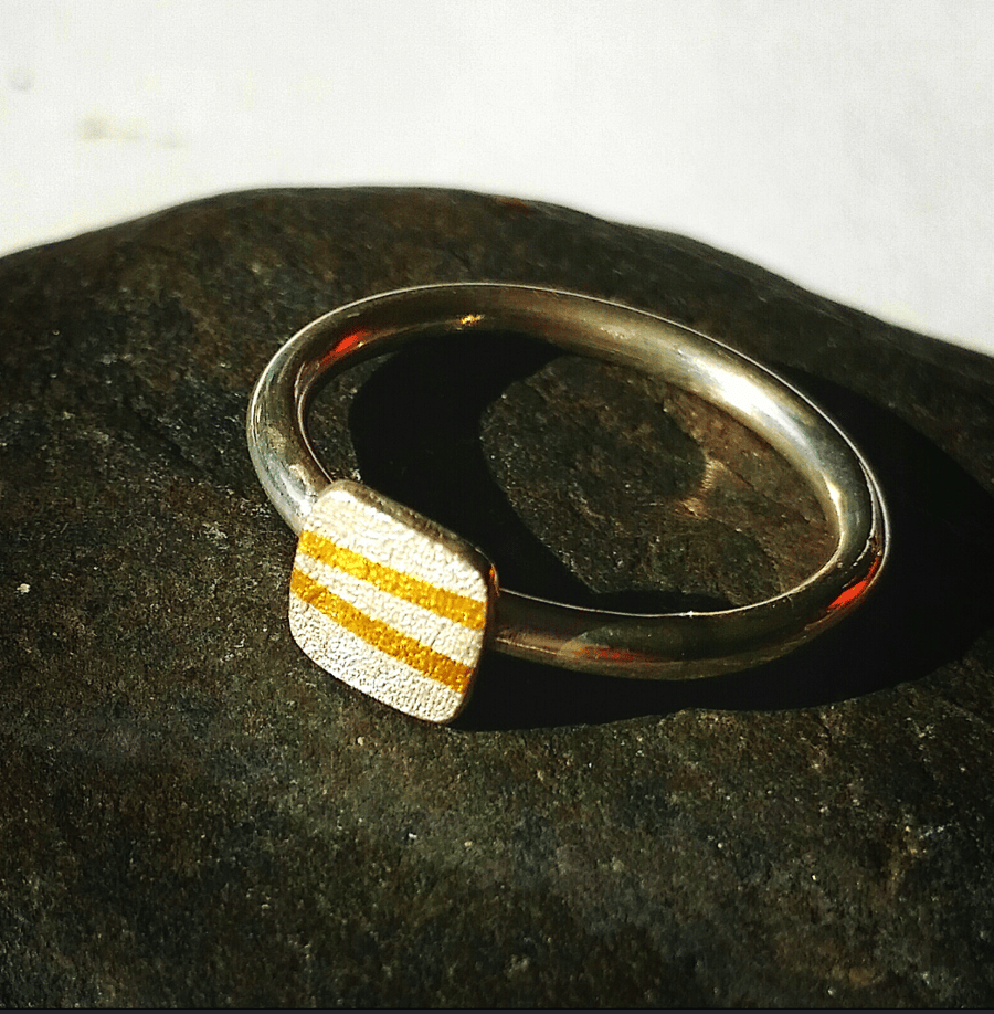  Contemporary Minimal Silver Ring With Textured Square and Gold Lines