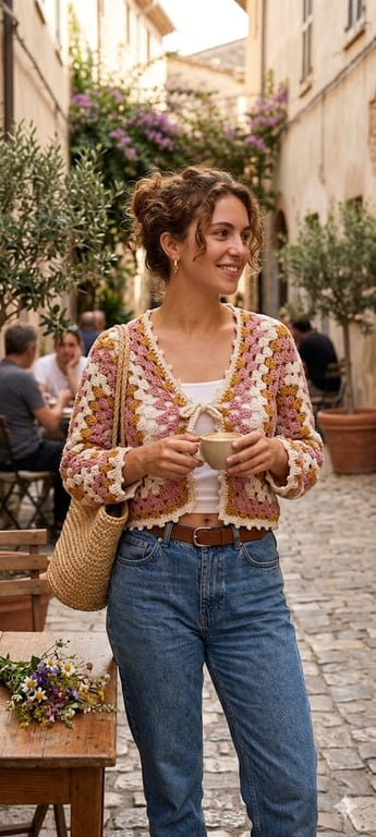 Marigold Rose Crochet Cardigan – Boho Cotton Granny Square Shrug – 70s Festival 