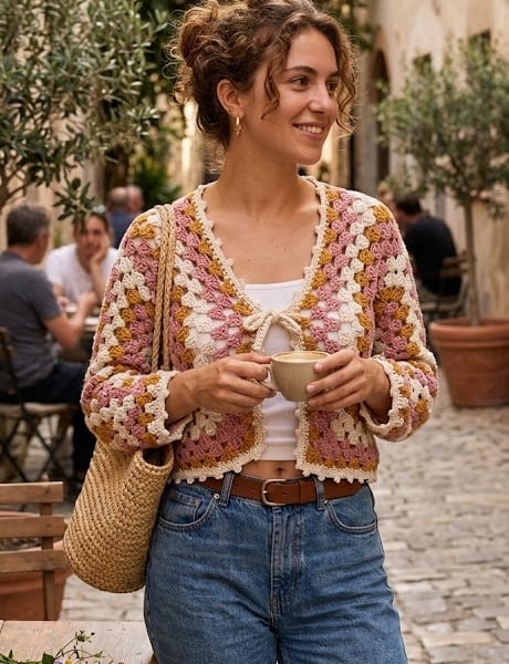Marigold Rose Crochet Cardigan – Boho Cotton Granny Square Shrug – 70s Festival 