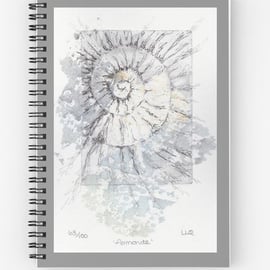 A5 (6x8) spiral bound notebook with an ammonite fossil spiral cover reproduction