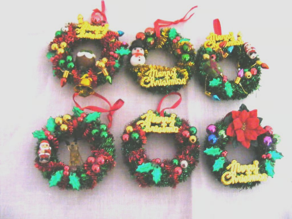 Handmade set of 6 mini Christmas wreath tree decorations.