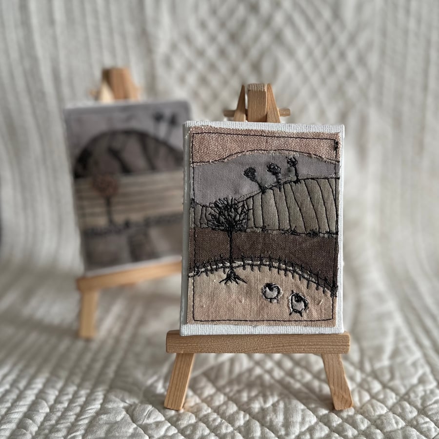 Miniature Tea Dyed Free Motion Embroidered Landscape on Easel 