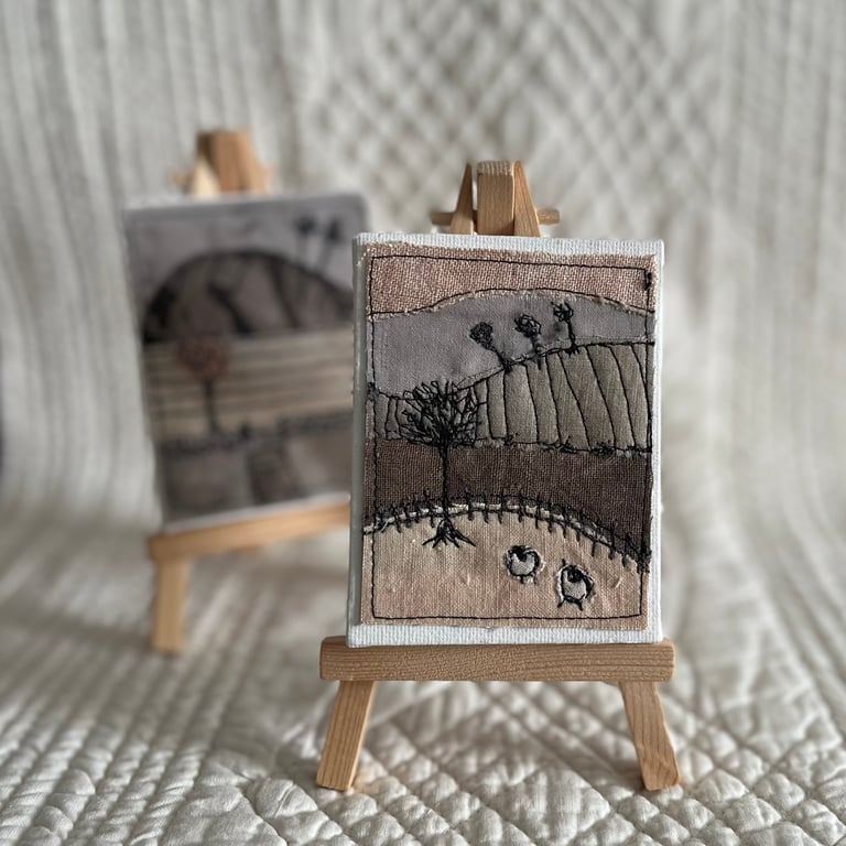 Miniature Tea Dyed Free Motion Embroidered Landscape on Easel 