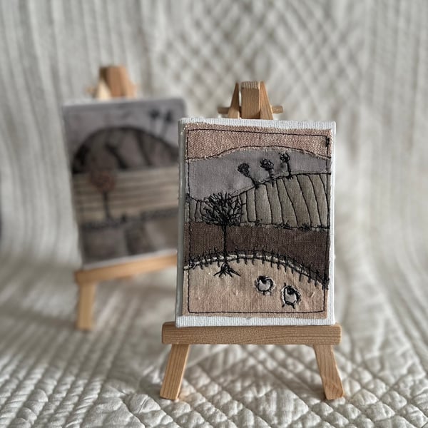 Miniature Tea Dyed Free Motion Embroidered Landscape on Easel 