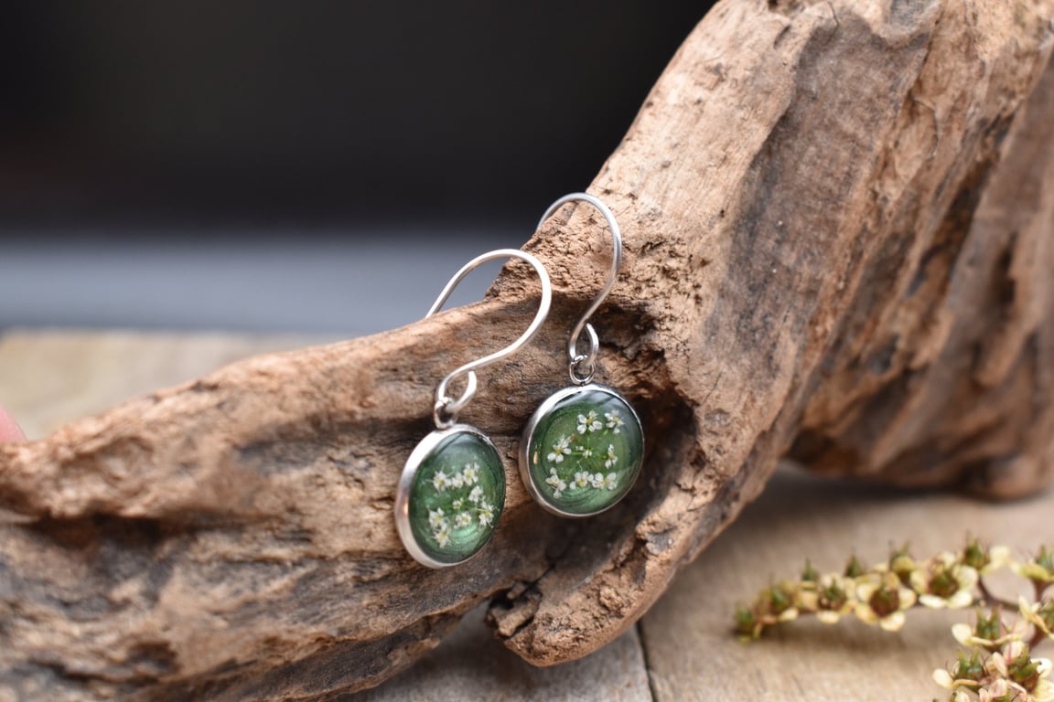 Pressed Flower Resin Earrings, Green, 304 Stainless Steel, Made in Scotland