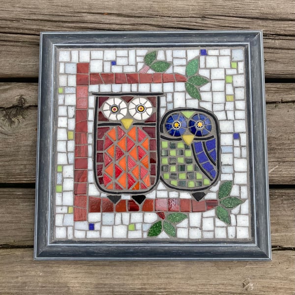Mosaic owl square picture in wooden frame 