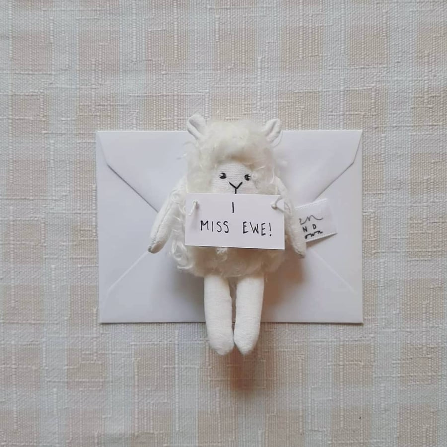 Small Pocket Sheep holding note, I Miss You, Gift