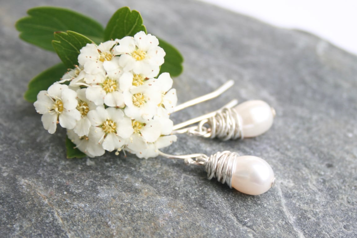 Pearl earrings, wedding jewellery, wire wrapped pearl earrings