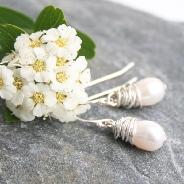 Pearl earrings, wedding jewellery, wire wrapped pearl earrings