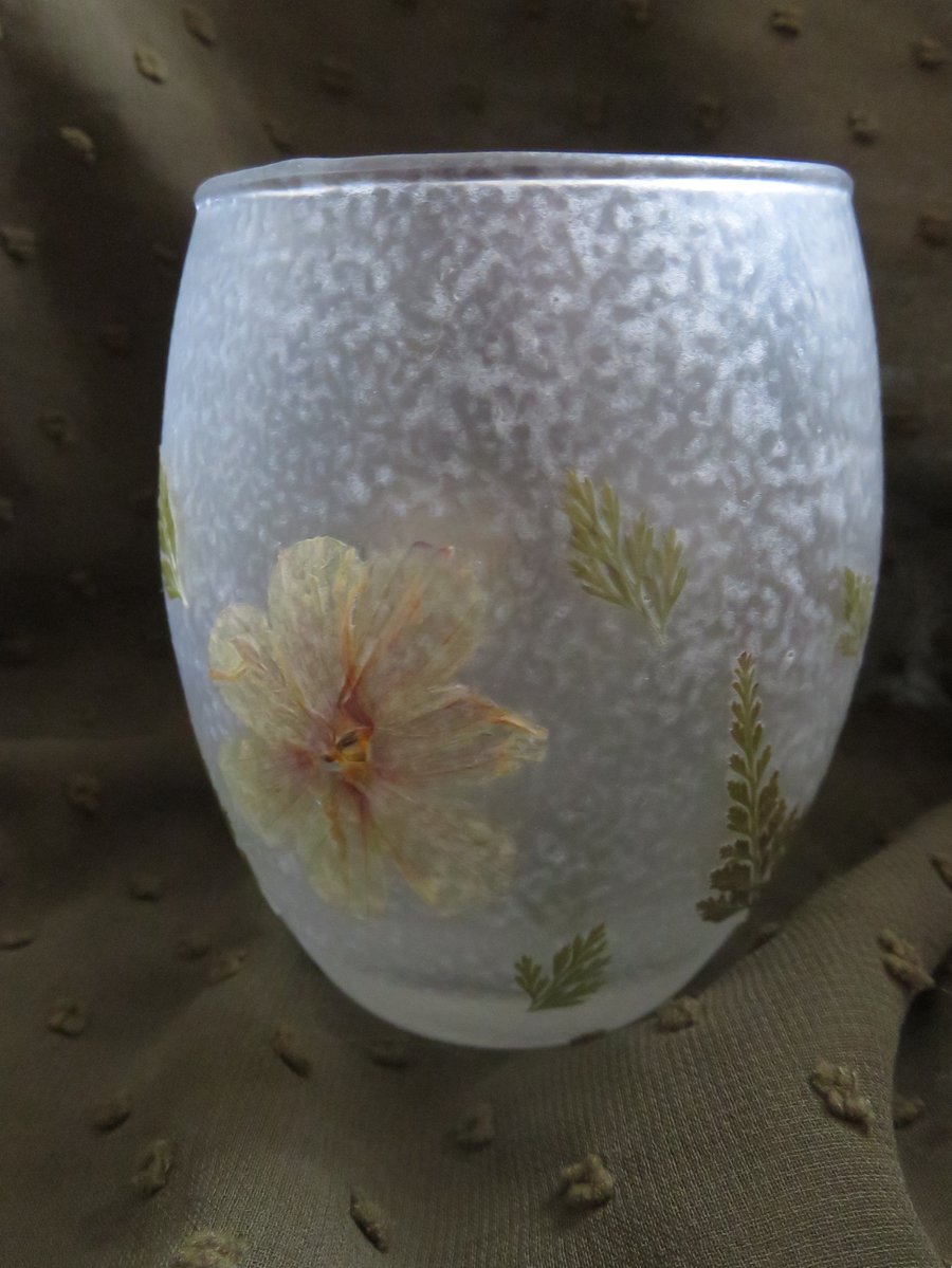 Frosted Tealight Candle Holder with Natural Dried Pressed Flowers