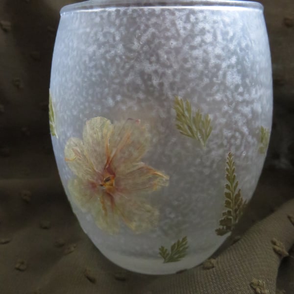 Frosted Tealight Candle Holder with Natural Dried Pressed Flowers