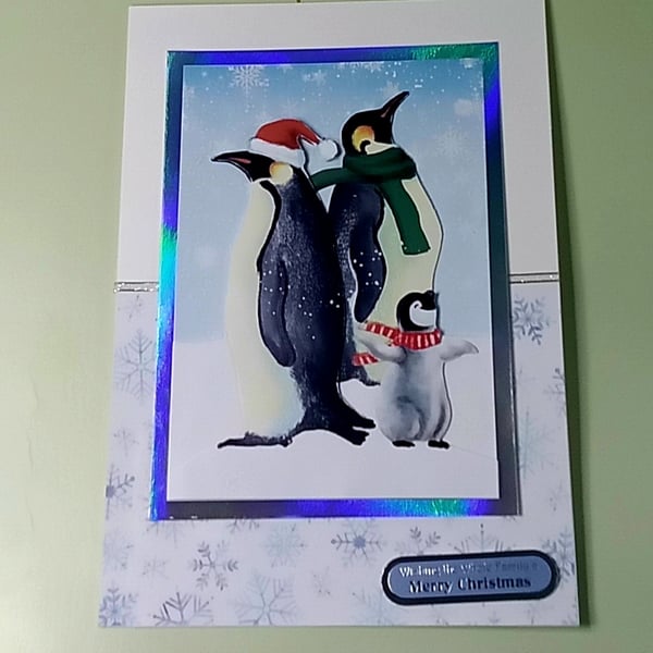 Decoupaged Christmas Card, Penguin Family