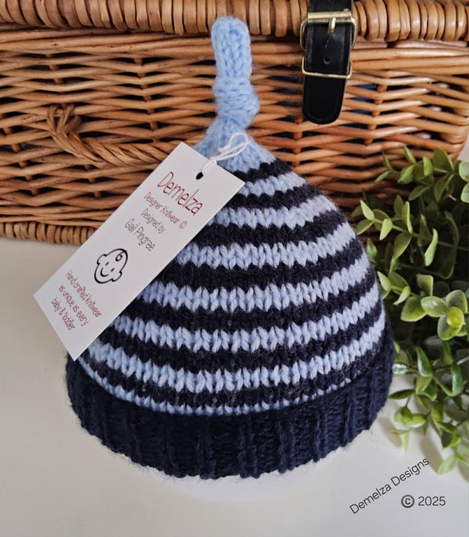 Hand Knitted Baby Boys Knotted Pixie Hat 0-6 mths size