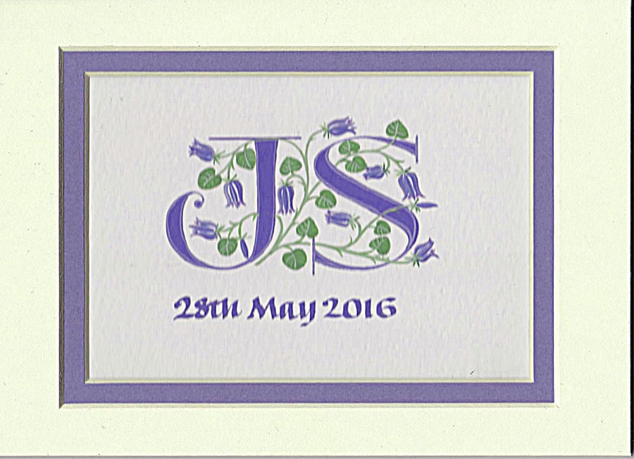 Double initials handpainted in blue with bluebells Wedding gift