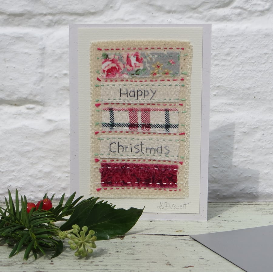 Hand-stitched Happy Christmas card with cosy cotton prints