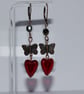 Handmade Copper Butterfly & Ruby Red Glass Heart Earrings - Image 3