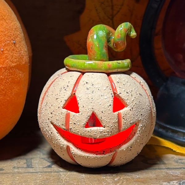 Ceramic pumpkin light up decoration carved face Jack o lantern no9