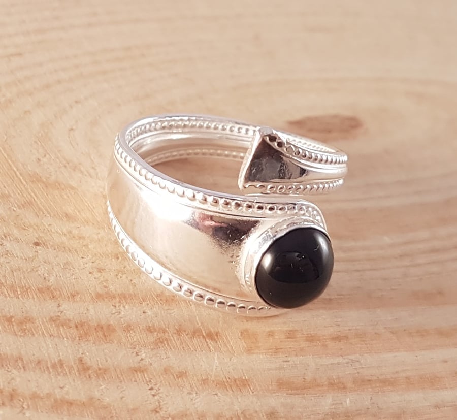 Sterling Silver Upcycled Bead Spoon Handle Ring with Onyx Cabochon