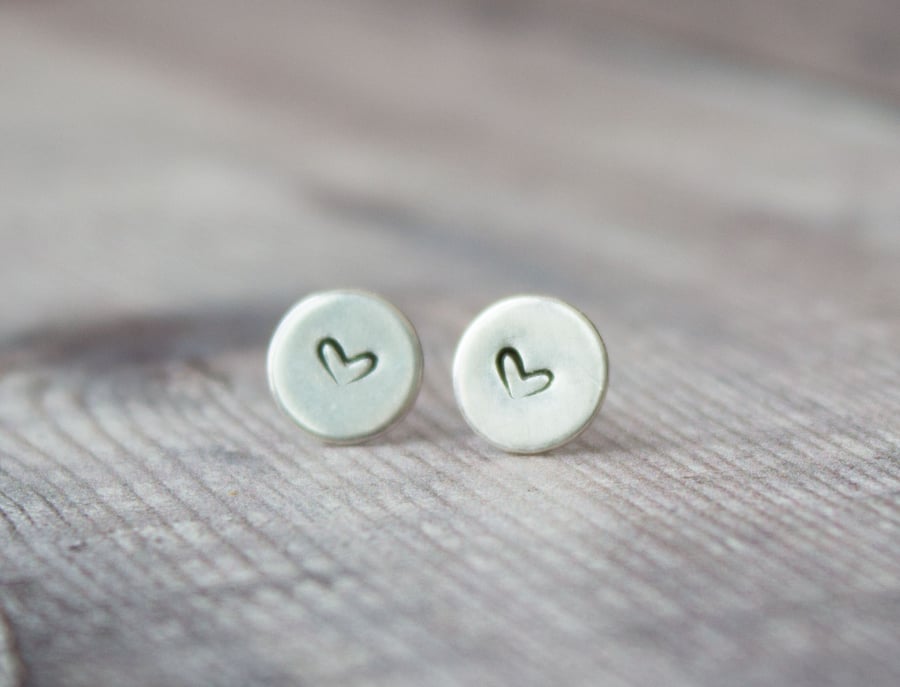 Eco Silver Love Heart Stamped Stud Earrings,Gift for Her, 