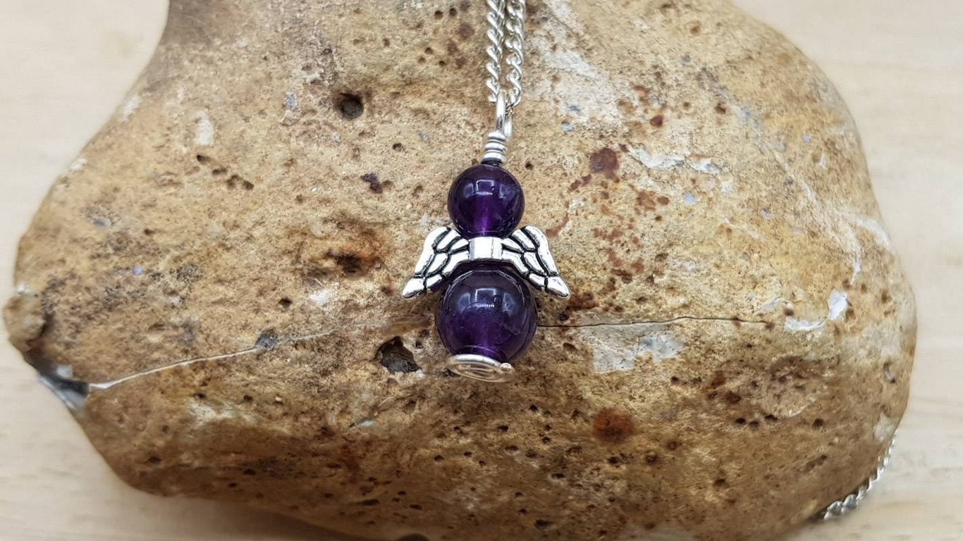 Minimalist Amethyst angel Pendant necklace. February birthstone. Reiki jewelry