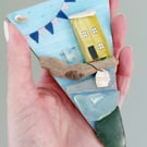 Driftwood Yellow Cottage - Rustic Sea Glass and Driftwood Hanging Art