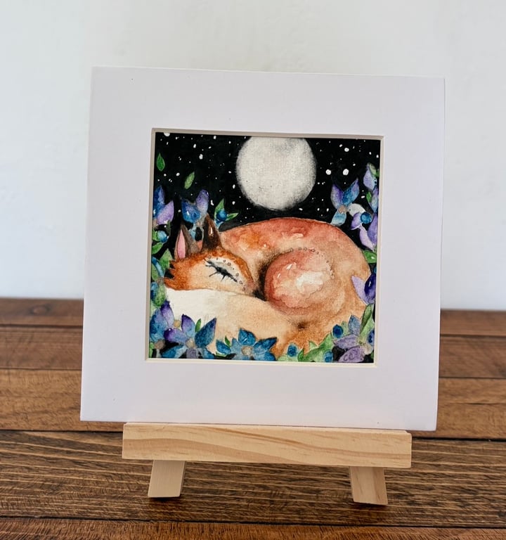 Mounted Original Whimsical Resting Red Fox in Moonlight Midnight Meadow Art