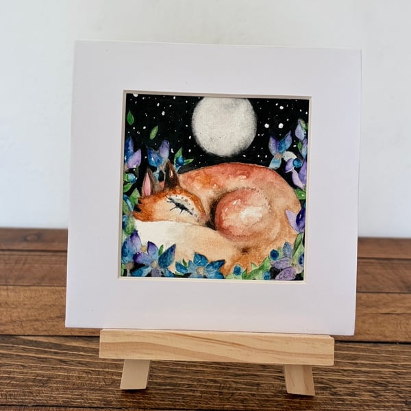 Mounted Original Whimsical Resting Red Fox in Moonlight Midnight Meadow Art