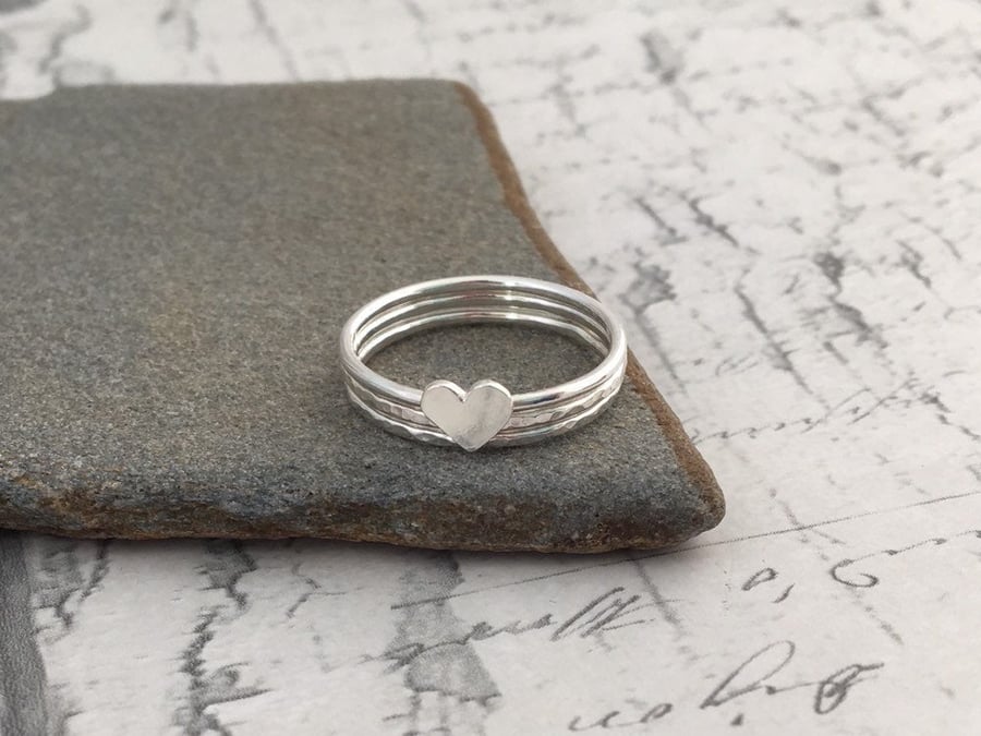 Sterling Silver Heart Stacking Ring Set, Ring Stack, Set of Three Rings
