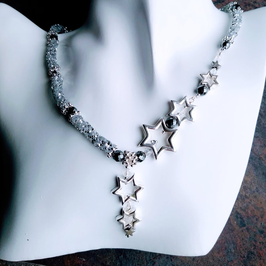 Silver Stars & Glitter Bead 18 To 20 Inch Necklace And Earring Matching Gift Set