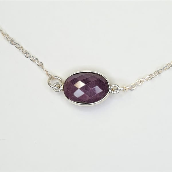  Genuine Ruby Faceted Oval Charm And Sterling Silver Necklace